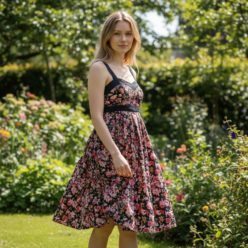SIMONE fit and flare sundress women sz 12 cotton black floral cottagecore retro